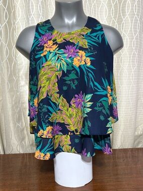 NWOT Women's Navy Tropical Print Layered Tank Top by Audrey & Celine